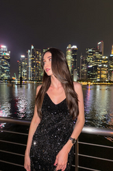 a lady in a velvet sequins slip dress